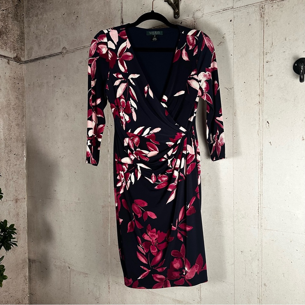 Lauren Ralph Lauren‎ black floral printed wrap midi dress size 8P NWOT